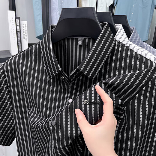 Old man's head (LAORENTOU) short-sleeved striped shirt men's 2025 summer trendy half-sleeved shirt business casual no-solution elastic elastic AN15279 gray XL
