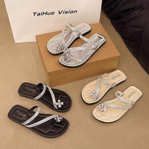 Guadi French slippers for women wearing summer toe sandals with skirts, super beautiful 2025 new fashionable and versatile beach sandals Rhinestone-6626-Black 36-37 [only one size smaller]