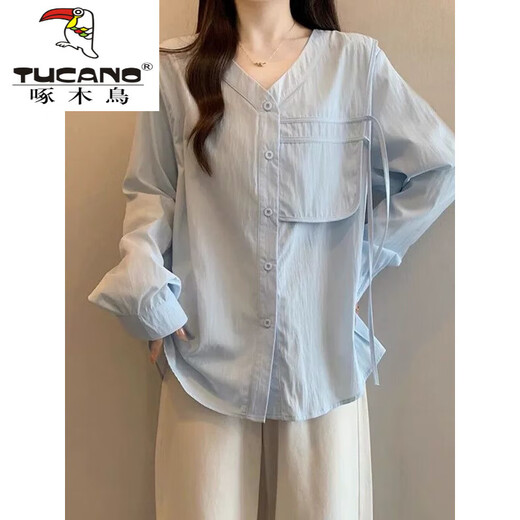 Woodpecker (TUCANO) right shoulder sun protection shirt women's large size V-neck 2025 spring and autumn large size fat mm irregular shirt ribbon top blue shirt XL 120-150Jin Jin equals 0.5 kg