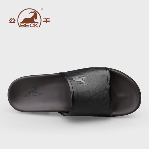 公羊一字拖鞋男高端夏季新款外穿真皮软皮软底男士凉拖 黑色  40 