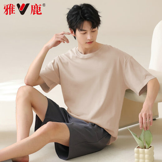 雅鹿男士睡衣男纯棉夏季薄款短袖全棉可外穿休闲大码男生家居服套装 42M13603 3XL 【推荐体重160-180斤】