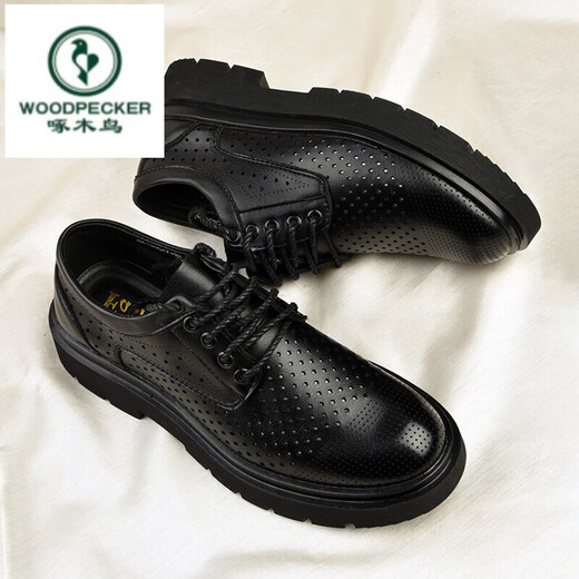 Sandalias de cuero para hombres de Woodpecker 2025 Autumn New Breathable Hollow Casual Business Wear Formal Mesh con agujeros Black A15262 Punta de cuero 38 38