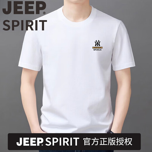 JEEP SPIRIT重磅新疆t恤纯棉100%高档短袖男士潮流圆领半袖上衣夏季薄款休闲 吉普品牌Y9929白色NY 2XL 150-165斤穿
