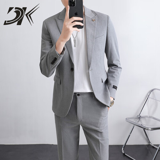 DK high-end men's casual suit suit men's jacket slim fit Korean style trendy groom's wedding suit two-piece set brown gray jacket + pants M