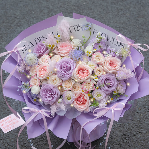 HuaDe flower express delivery, rose bouquet birthday gift for girlfriend to express love within one hour, nationwide same-day delivery in the same city Purple Story Purple Rose + Pink Lychee | dyr80