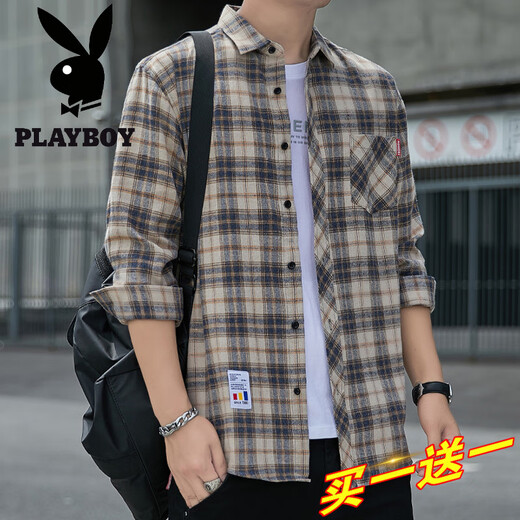Playboy Plaid Casual Shirt Men's Men's Spring and Automne Shirt Long à manches coréen Top Retro Retro Loose Summer Veste mince K12111 M bleu + K12111 Jaune Blue XL 125-145Jin [Jin est égal à 0,5 kg]