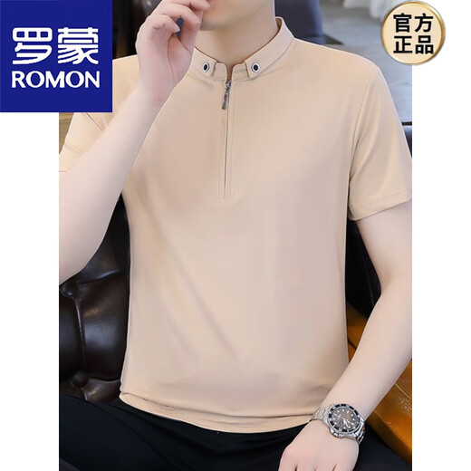 罗蒙（ROMON）纯色半拉链polo.衫男士短袖夏季冰丝薄款立领T恤2025新款半袖 9921杏色 4XL (约170~185斤可穿)