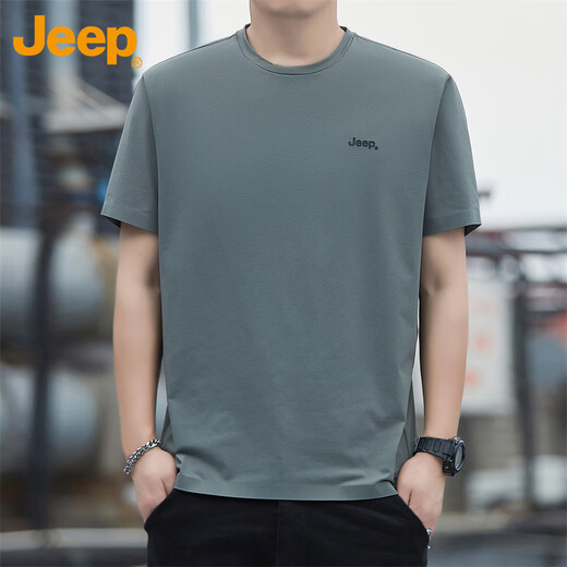 吉普（JEEP）短袖T恤男士夏季冰丝透气速干休闲打底衫凉感上衣男装 灰绿  XL 