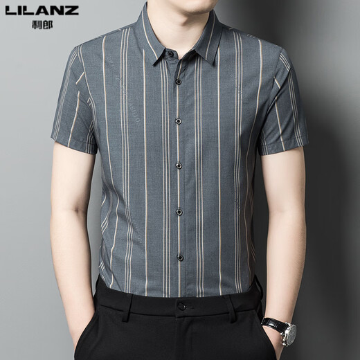 利郎2025夏季新款利郎男装短袖衬衫男士商务休闲寸衫条纹凉丝修身免烫衬衣2025 深灰2603 M 165