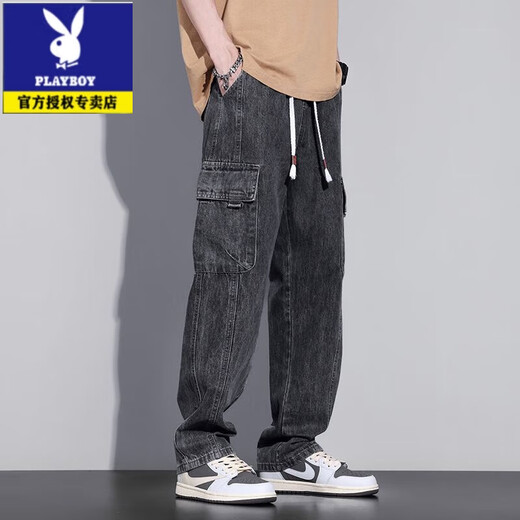 花花公子（PLAYBOY）男士牛仔裤2025春秋季新款宽松直筒潮牌复古工装阔腿休闲长裤 1048蓝色 M