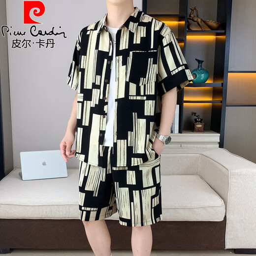 Pierre cardin summer ice silk short-sleeved shirt suit men's casual sports beach half-sleeved shirt with shorts a whole set of trendy 677 pink suit 4XL 175-190Jin [Jin equals 0.5 kg]
