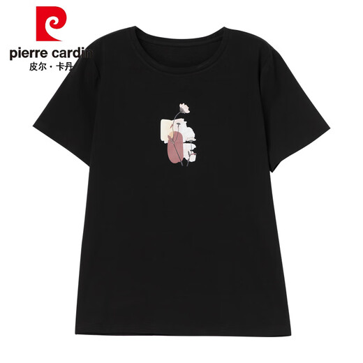 皮尔卡丹胖mm短袖t恤女夏季加大码女装宽松纯棉中年妈妈显瘦薄款百搭上衣 黑色【9896款】 棉95%氨纶5% L 100-115斤