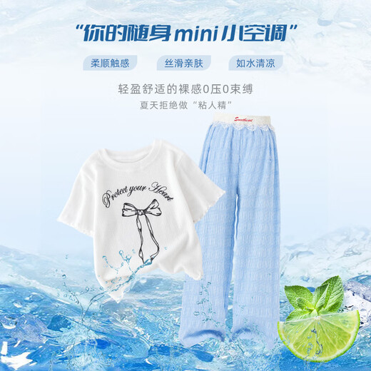 
OVE Girls Summer Thin Children 2025 New Fashionable Girls Big Children Summer Short Sleeve Wide Legs Two-Piece Set [Two-Piece Set] 19060 White + 15277 Blue 130 cm