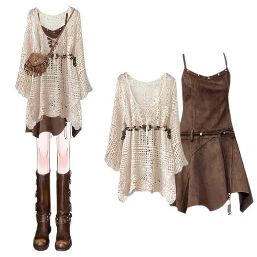 NJSKAKW Herbst Outfits Ein komplettes Satz von Frauen 2024 Neues modisches Hohlbluse-Temperament Schlampe Hosenteil Kleid zweiteiler Set M1583# Hollow Bluse (mit Gürtel) l