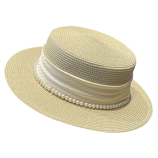 CLCEY French lady style flat top hat 2025 new summer elegant pearl straw seaside sun protection hat for women black M (56-58cm)