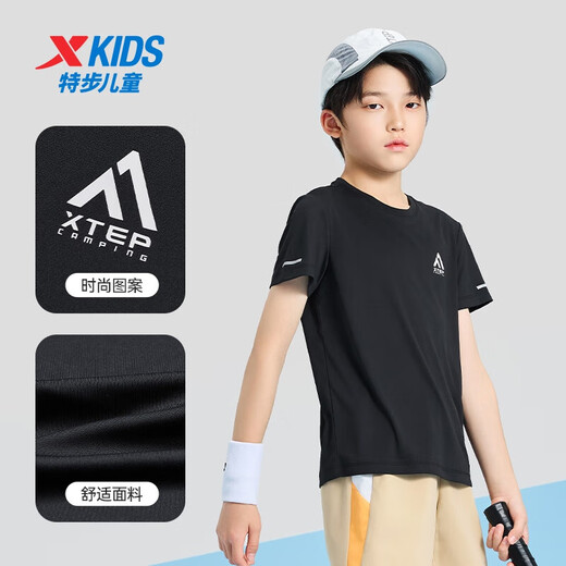 特步（XTEP）童装儿童夏季短袖针织衫短T中大童男童透气舒适运动休闲T恤 纯正黑【9215】 150 cm