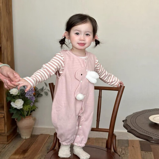 Disney (Disney) Baby Girl Cute Set 2025 Spring Baby Clothes Cute Bunny Overalls Striped T-shirt Two-piece Set Pink Striped Ten Rabbit Straps One-piece Two-piece Set 73cm 73