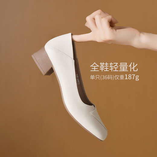 ZHR粗跟单鞋女经典拼接工作皮鞋通勤一脚蹬浅口女鞋软底AH673黑色36