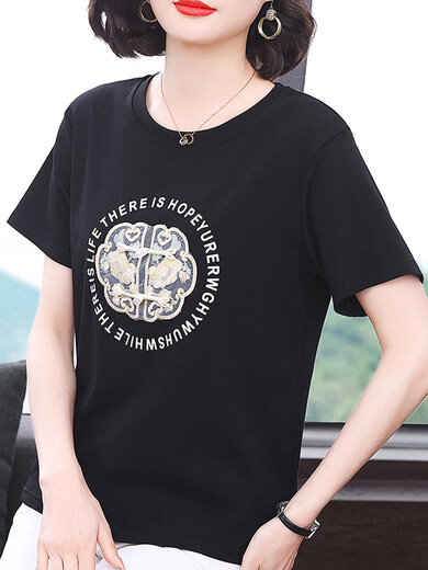 Pure cotton short-sleeved T-shirt for women's mother summer 2025 new style middle-aged and elderly fashionable shirt loose large-size top light blue 7373 model M suggests 95105Jin [Jin equals 0.5 kg] All size