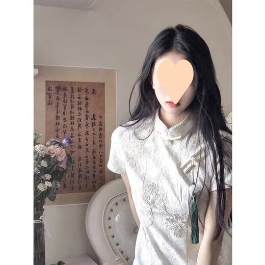 COLORFUL GEMS夏日旗袍白色连衣裙少女气质国风 846米白色 绿色吊坠 M