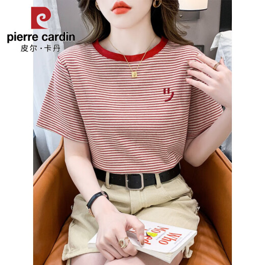 皮尔卡丹（PIERRE CARDIN）条纹短袖t恤女宽松韩版女装2025年夏季新款百搭体恤圆领半袖上衣 红色 9928 L 建议105-125斤
