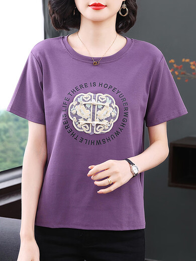 Pure cotton short-sleeved T-shirt for women's mother summer 2025 new style middle-aged and elderly fashionable shirt loose large-size top light blue 7373 model M suggests 95105Jin [Jin equals 0.5 kg] All size