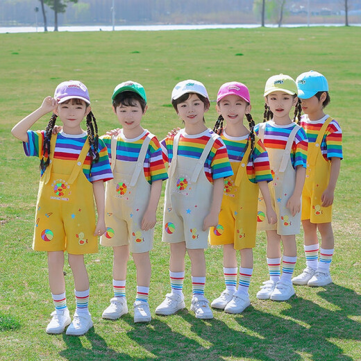 G.DUCKKIDS小黄鸭男童女童套装夏季薄款儿童演出服姐弟背带裤班服卡通校园服 黄色背带裤套装 140 cm