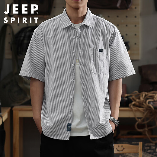 JEEP SPIRIT Jeep striped short-sleeved shirt men's summer American retro loose casual cotton shirt gray 2XL
