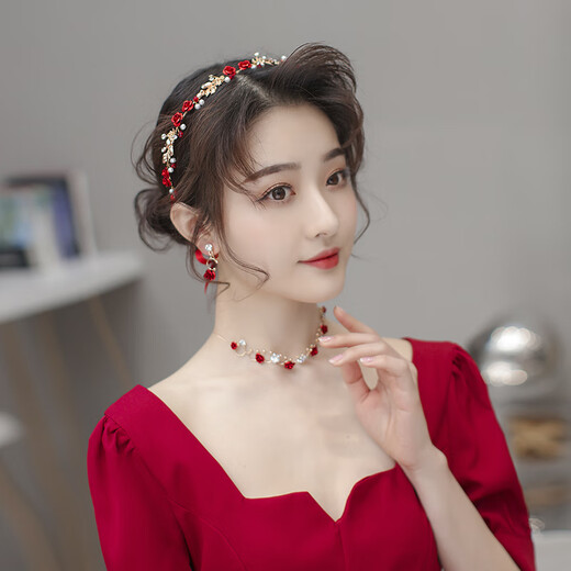 泡普结婚头饰敬酒新娘红色礼服配饰发箍超仙简单婚礼公主皇冠新款花环 红色玫瑰花项链