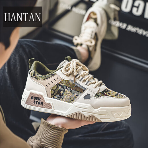 韩谈男鞋秋季透气百搭休闲设计感小众板鞋男士运动厚底增高帆布潮鞋子 米卡其 42