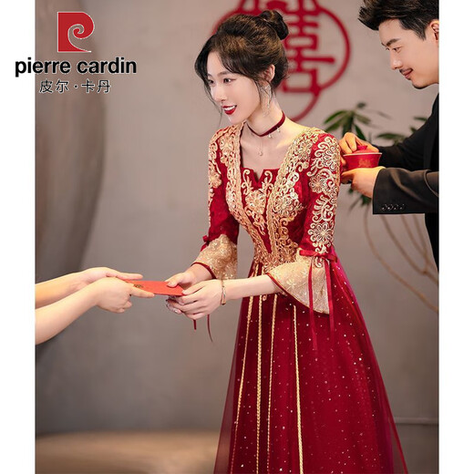 Pier Cardin Toasting Anzug Braut 2025 Neue Sommer Burgund Chinese Langarmed Wedding Engagement Kleid für Frauen Burgund mittelgroß [684] 3xl