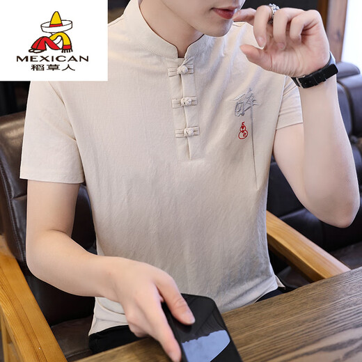 Scarecrow summer embroidered stand-collar T-shirt for men short-sleeved retro Tang suit Chinese style men's half-sleeved trendy brand ice silk trend 9193 green 2XL 125-145Jin [Jin equals 0.5 kg]