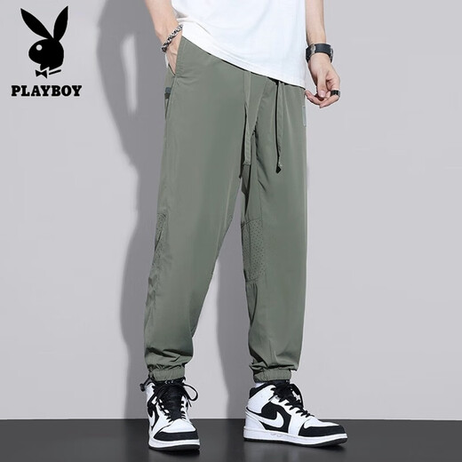 PLAYBOY Pantallas de pantalones hombres 2025 Summer New Ice Silk Casual Fino Tip Tausers Mesh Sports Sports Sports Sports Military Green M [sugerido 90-110Jin [Jin equivale a 0.5 kg]]