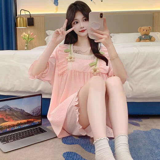 崽白2024新款睡衣女夏季带胸垫甜美可爱花朵宽松薄款家居服套装可外穿 jw-3881#粉色固定胸垫 2XL