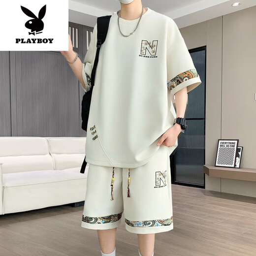 花花公子（PLAYBOY）2025年夏季新款中国风时尚休闲男士套装圆领短袖T恤短裤两件套潮 【短.袖套装】6195 绿色 XL (建议130-145斤)