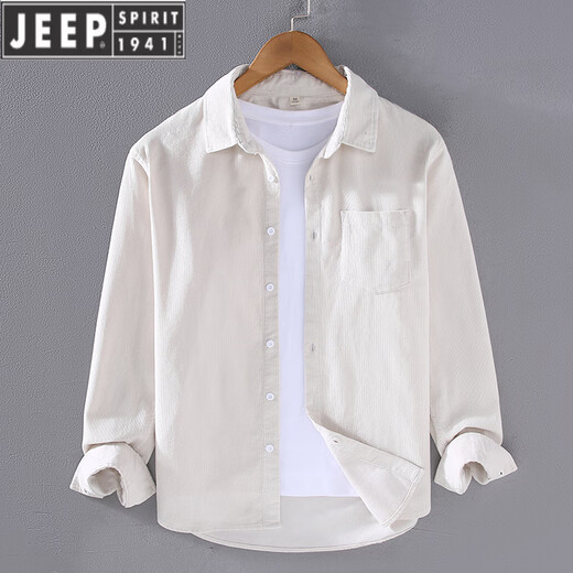 JEEP SPIRIT春季灯芯绒衬衫男长袖纯棉宽松薄款日系条绒感白休闲衬衣外套 抹茶绿【9716】 M