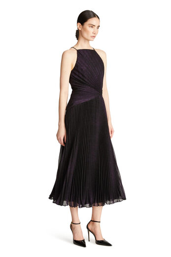 Halston Women's Mid-Length Cocktail Dress Pleated Sleeveless Flared Skirt Party Formal Black/Fuchsia 12