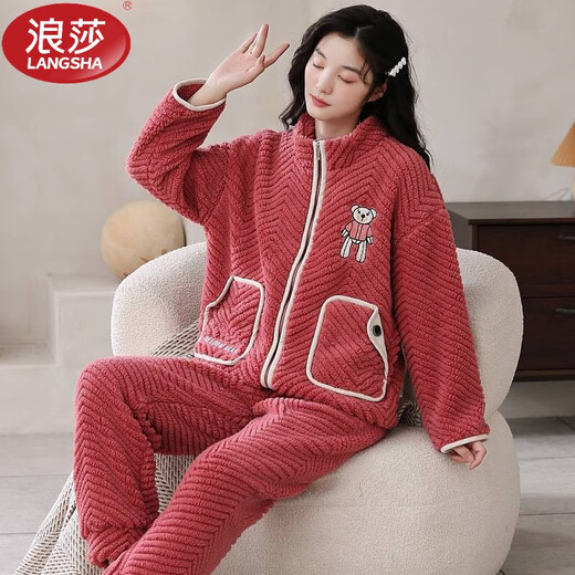 浪莎（LangSha）睡衣女士秋冬季珊瑚绒加绒加厚可外穿大码拉链法兰绒家居服套装 9717 双面提花绒 M [建议80-100斤]