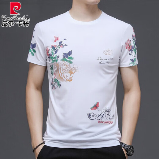 皮尔卡丹（pierre cardin）短袖T恤男夏季新款印花虎头宽松冰丝半袖体男士薄款冰感潮T 829条纹字母黑色 M 165/ 建议95-120斤