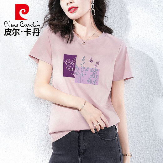 皮尔卡丹（pierre cardin）轻奢高档纯棉短袖t恤女夏装宽松休闲韩版时尚气质半袖体恤衫上衣 6193皮粉 M (建议80-105斤)