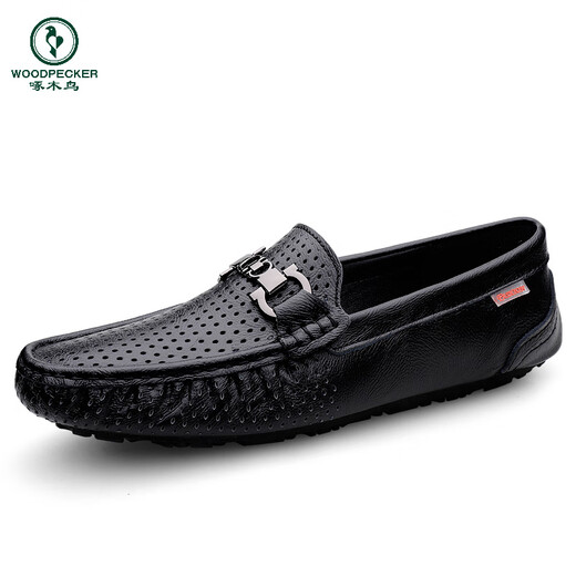 Holzspecker Herrenschuhe Hohlbohnenschuhe echte Ledermänner 2025 Sommer Neuem Stil Atmungsaktives weiches Leder Soft Sohle Lederschuhe 9905 Schwarz 44