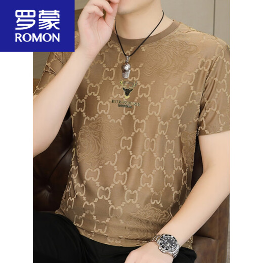 罗蒙（ROMON）冰丝凉感透气短袖t恤男夏季2025新款潮牌欧货男装半袖上衣服新品 Q6627卡其 L 约115-135斤可穿