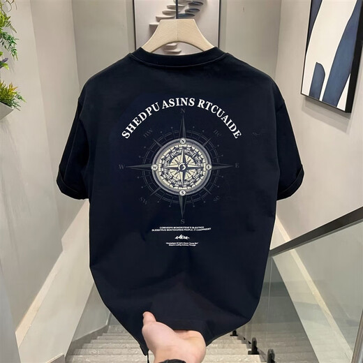 NJSKAKW Hong Kong Style Kurzärärmelte reines Baumwoll-Top für Männer und Frauen Sommer Lose American T-Shirt New Modemarke Paar halbärmelte T-Shirt V761 White (Compass) suggeriert 90-100jin [Jin gleich 0,5 kg]