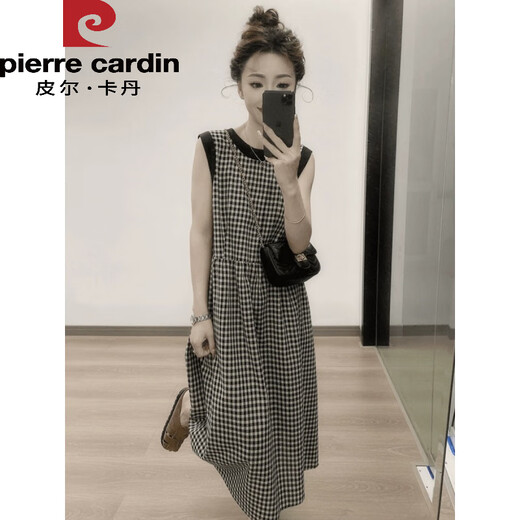 
Pier Cardin American retro plaid vest mid-length skirt for women's temperament, fashionable loose slimming back lace sleeveless dress plaid vest dress 9855 M (100-115Jin[Jin equals 0.5 kg])