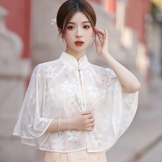 芳嫔旗袍外搭开衫女士外披针织披肩短外套复古文艺百搭搭配穿搭款春夏 16961米白披肩均码