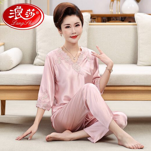 浪莎（LangSha）妈妈睡衣女2025年新款舒适夏季长袖中老年人丝绸家居服套装可外穿 684银色（长款长款） XL 建议105-120斤