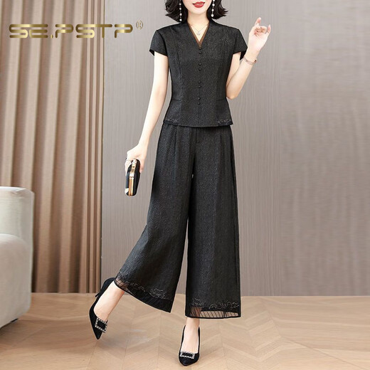 
Xiadian Sutra Queen (SE.PSTP) Xiangyunsha Set Women's 2025 Summer New Style Temperament Slimming Belly Mom's Wide Legs Two-Piece Set Black 1416# XL [101-115Jin[Jin equals 0.5 kg]]