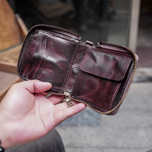 鹿师傅男士手工真皮钱包复古短款拉链驾驶证卡包头层牛皮零钱包男 咖色