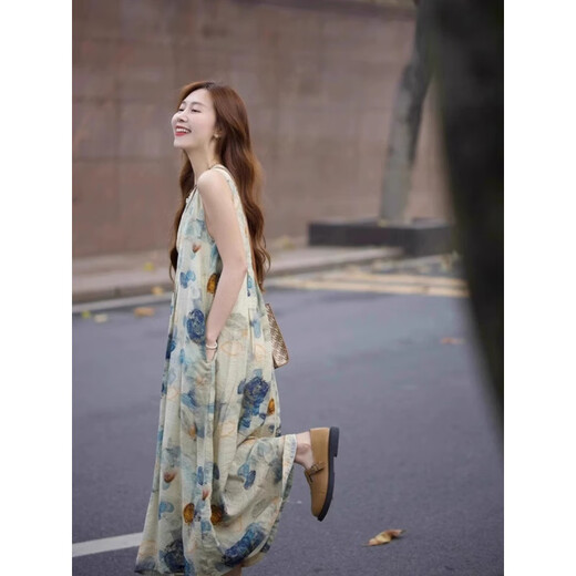 Luge Weste Kleid Retro Literary Temperament Neue chinesische Stil Frühling und Sommer langer Rock Frauenkleidung 2025 NEU NICE Design Sense Tinte Malerei Kleid L [vorgeschlagen 105-115jin [Jin gleich 0,5 kg]]