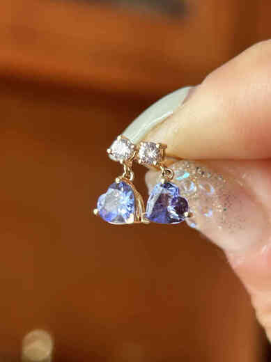 Puli 18k gold love tanzanite white sapphire smart small earrings fresh temperament simple small item love tanzanite 1 carat white sapphire 16 points